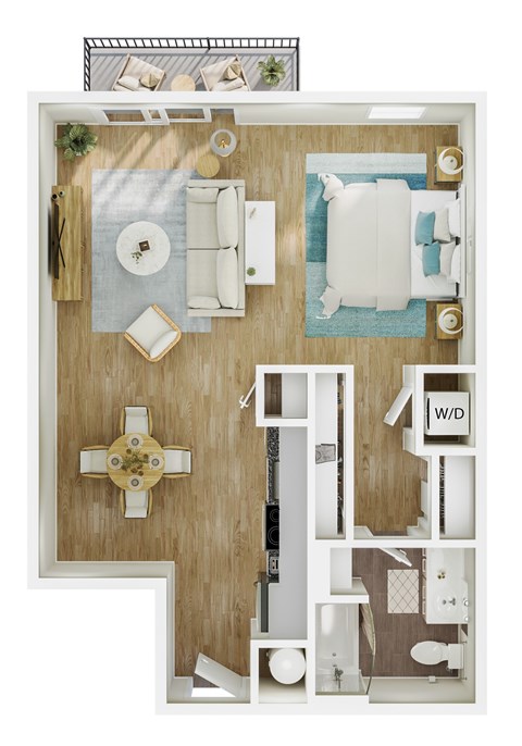 Floor plan for studio, 1 bath, 728 sqft